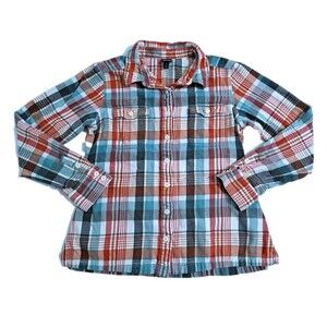 Patagonia Women's 10 Medium Fjord Flannel Shirt Midweight Red Blue White Organic